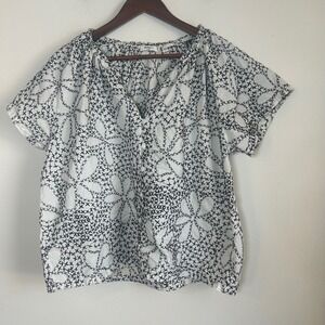 Dylan Blouse Womens Large White Black Cotton Embroidered Button Front Boho‎ Top